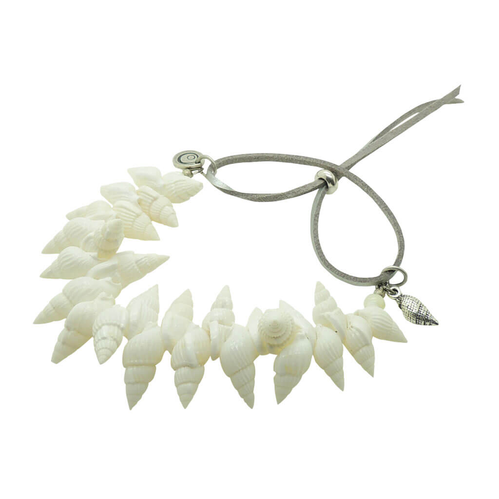 Dana Levy Seashell Treasure Charm Cord Bracelet with Silver Shell Charm and Metallic Silver faux leather cord