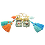 Dana Levy Sicilian Testa di Moro Charm Trio Bag Charm - Pair of Female and Male Heads with Orange and Light Blue Pine Cone Charms 