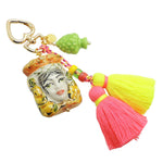 Dana Levy Sicilian Testa di Moro Charm Trio Bag Charm - Female Head with Yellow Pink Double Tassel and Pistachio Green Pine Cone Charm 