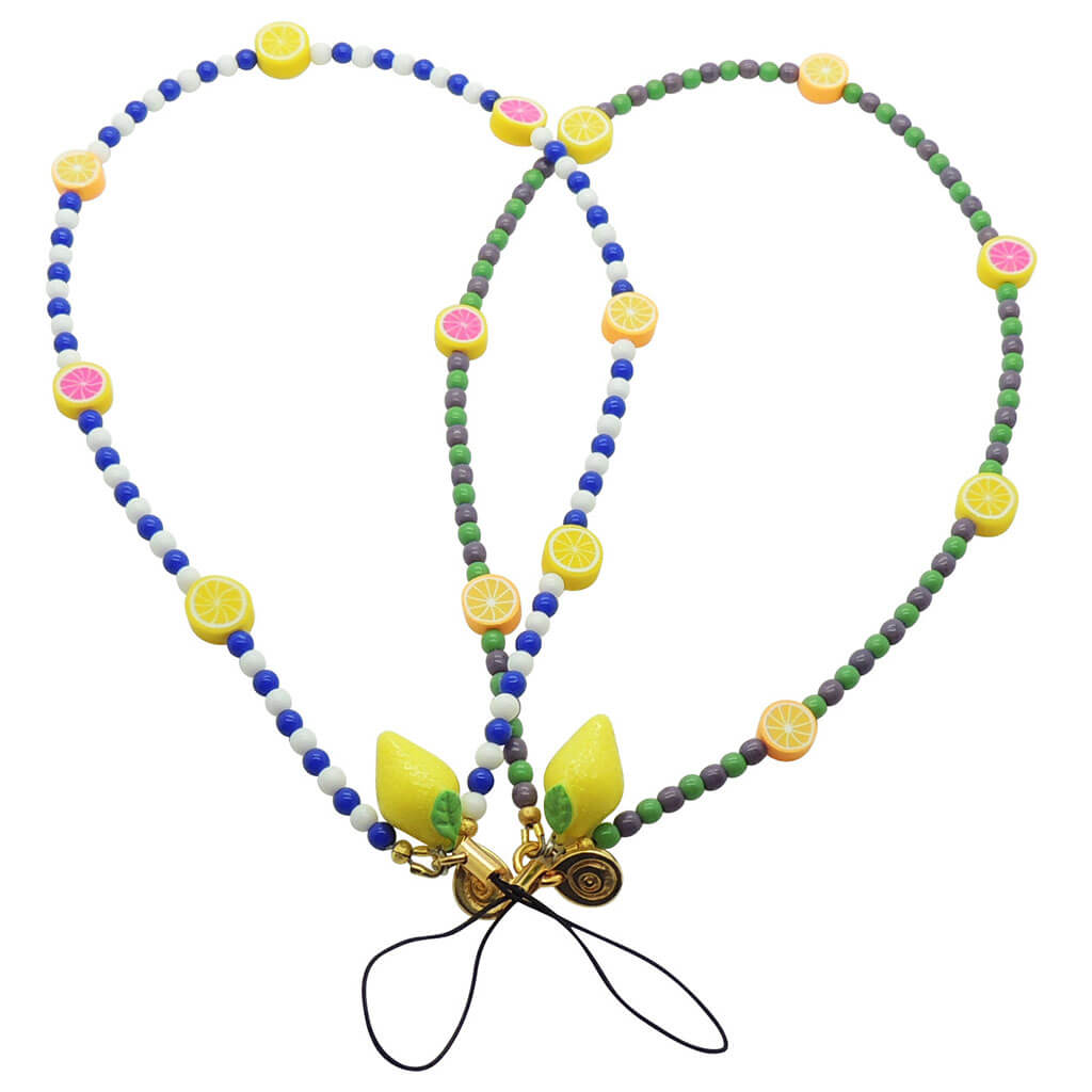 Dana Levy Sicilian Tutti Frutti Charm Two Tone Glass Bead Phone Wristlet Straps with Fruit Mix, Royal Blue and White Glass Bead Mix and Apple Green Dark Lilac Mix 