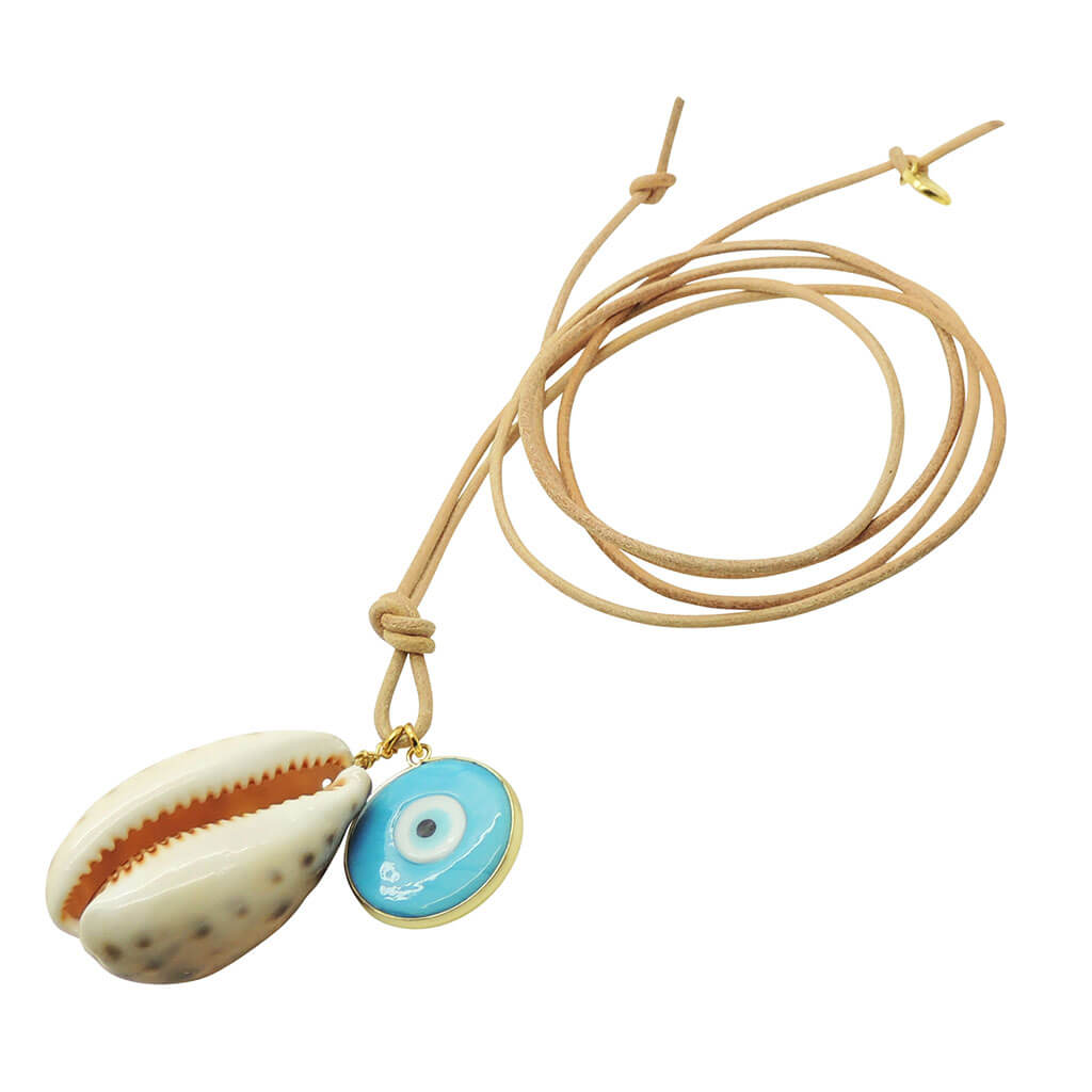 Dana Levy Tiger Cowrie Shell Evil Eye Disc Charm Duo Leather Cord Necklace with an Opaque Turquoise Evil Eye Disc