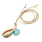 Dana Levy Tiger Cowrie Shell Evil Eye Disc Charm Duo Leather Cord Necklace with an Opaque Turquoise Evil Eye Disc
