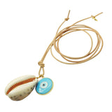 Dana Levy Tiger Cowrie Shell Evil Eye Disc Charm Duo Leather Cord Necklace with an Opaque Turquoise Evil Eye Disc