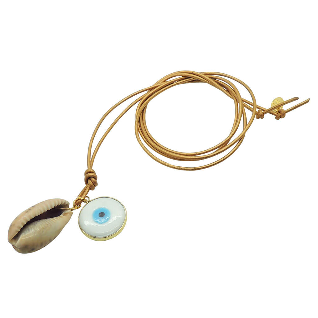 Dana Levy Tiger Cowrie Shell Evil Eye Disc Charm Duo Leather Cord Necklace with an Opaque White Evil Eye Disc