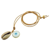 Dana Levy Tiger Cowrie Shell Evil Eye Disc Charm Duo Leather Cord Necklace with an Opaque White Evil Eye Disc