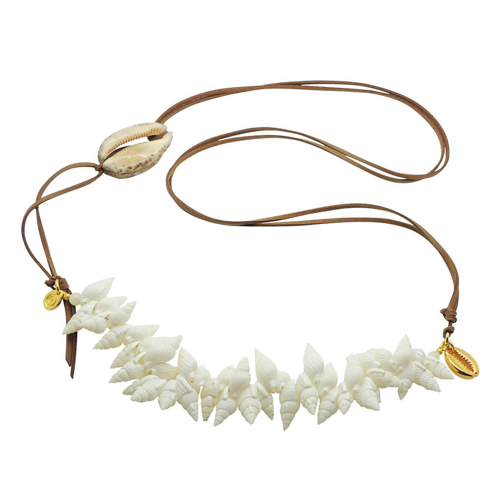 Dana Levy Treasure Island Shell Trio Cord Necklace  with Tan Brown Cord. 
