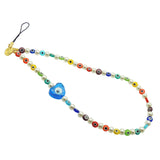 Dana Levy Rainbow Glass Evil Eye Heart Faux Pearl Beaded Phone Wristlet Strap with a transparent turquoise evil eye heart charm. 