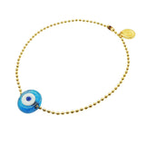 Dana Levy Twin Aura Evil Eye Amulet Ball Chain Anklet with a transparent turquoise evil eye amulet. 