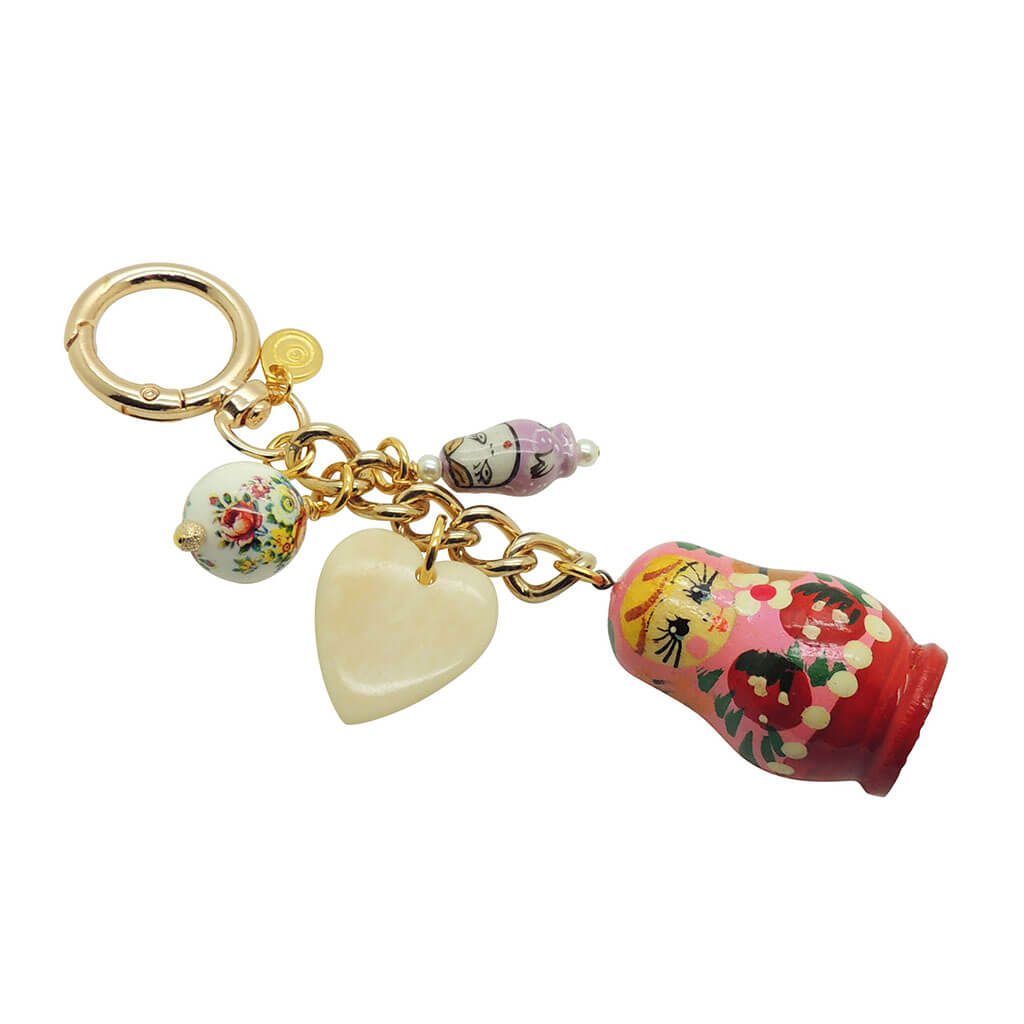 Dana Levy Vintage Nesting Doll Bag Charm in Pink Red with Ivory Heart 