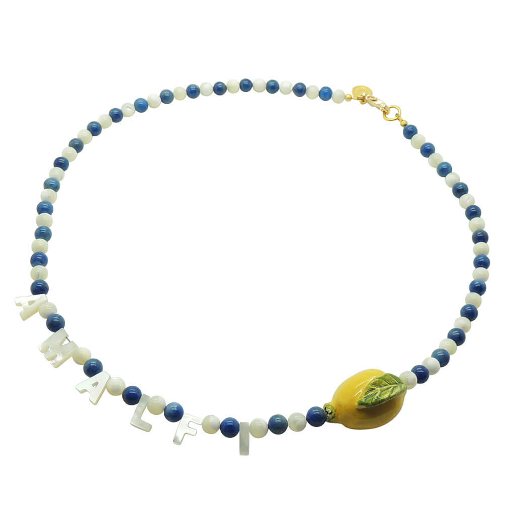 Dana Levy Destination: Amalfi Mother of Pearl Shell Gemstone Bead Necklace with Lapis Lazuli Gemstone Beads. 