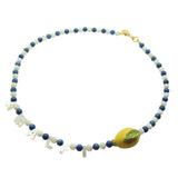Dana Levy Destination: Amalfi Mother of Pearl Shell Gemstone Bead Necklace with Lapis Lazuli Gemstone Beads. 
