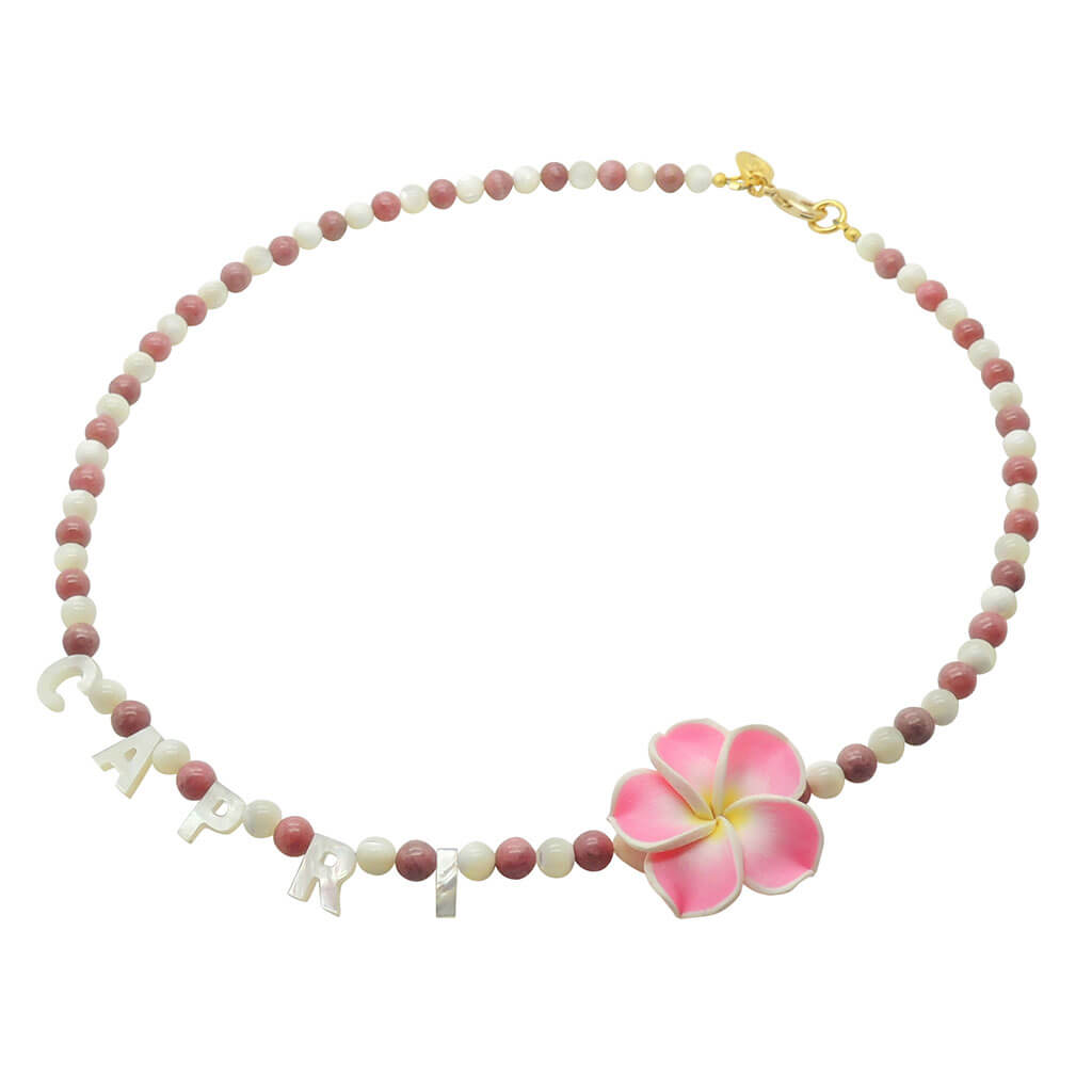 Dana Levy Destination: Capri Mother of Pearl Shell Gemstone Bead Necklace with Rhodonite Gemstone Beads and Pink Hibiscus Flower Charm 