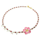 Dana Levy Destination: Capri Mother of Pearl Shell Gemstone Bead Necklace with Rhodonite Gemstone Beads and Pink Hibiscus Flower Charm 