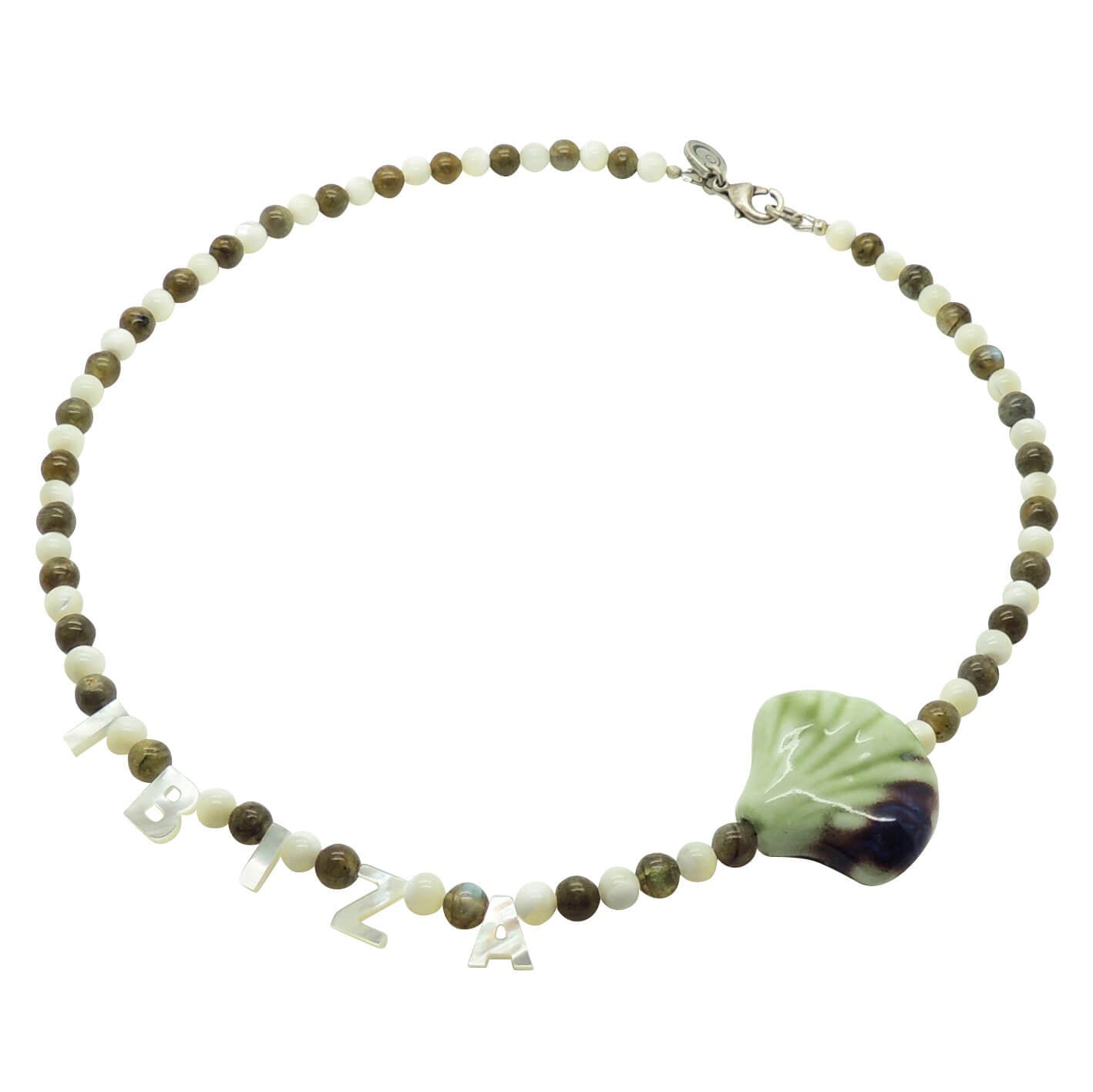 Dana Levy Destination: Ibiza Mother of Pearl Shell Gemstone Bead Necklace with Labradorite Gemstone Beads.