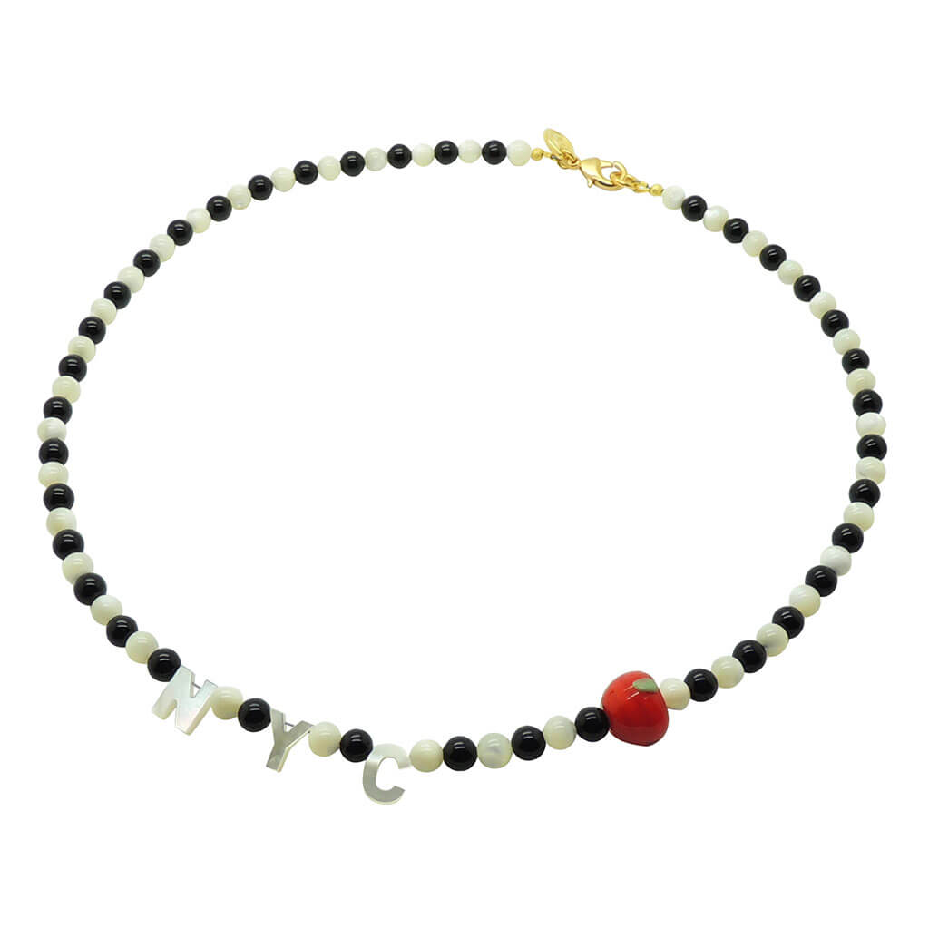 Dana Levy Destination:NYC Mother of Pearl Shell Gemstone Bead Necklace with Black Onyx Gemstone Beads.