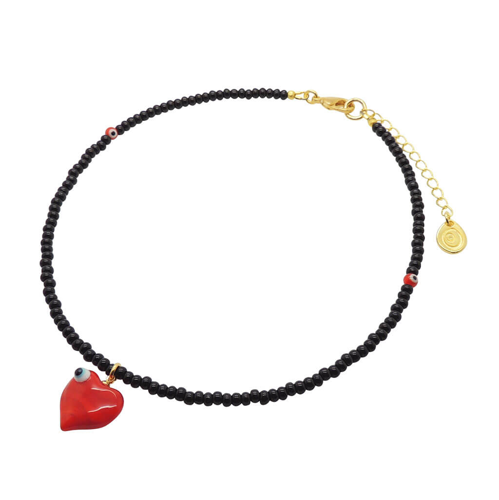 Dana Levy Evil Eye Bubble Heart Charm Glass Bead Choker - Red Heart Black Beads Red Evil Eyes