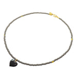 Dana Levy Evil Eye Bubble Heart Charm Glass Bead Necklace - Black Heart Grey Beads Yellow Evil Eyes