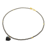Dana Levy Evil Eye Bubble Heart Charm Glass Bead Necklace - Black Heart Grey Beads Yellow Evil Eyes