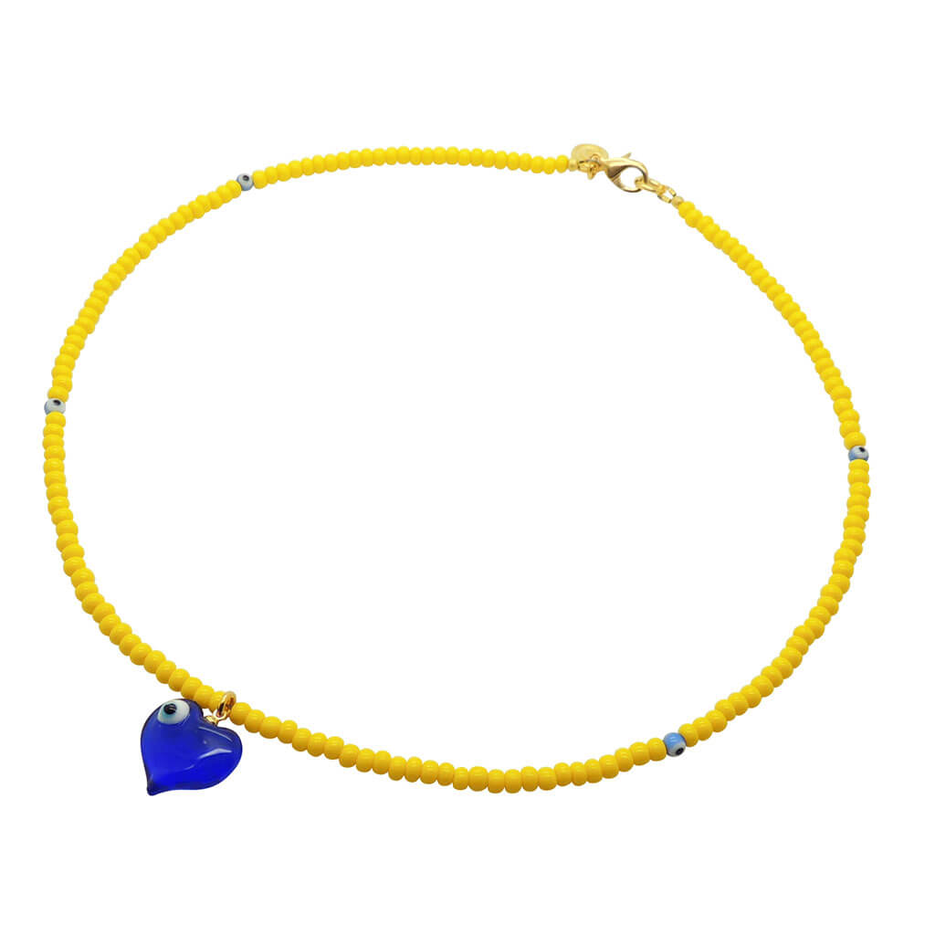 Dana Levy Evil Eye Bubble Heart Charm Glass Bead Necklace - Transparent Royal Blue Evil Eye / Yellow Beads