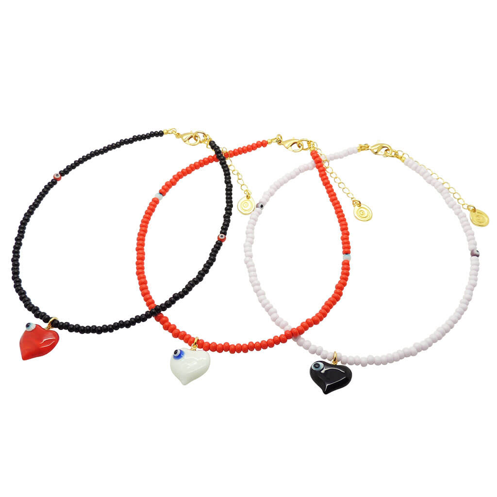 Dana Levy Evil Eye Bubble Heart Charm Glass Bead Choker - Trio