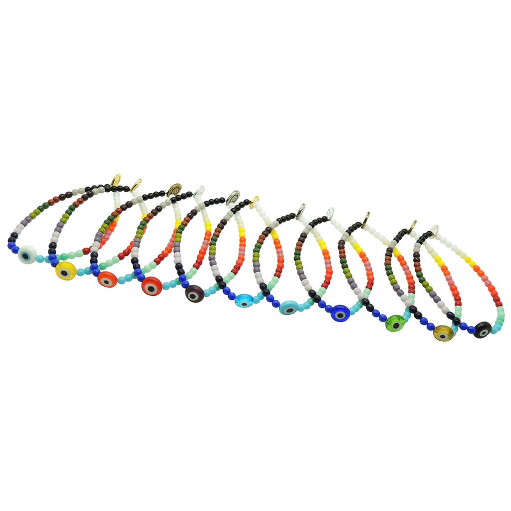 Dana Levy Evil Eye Charm Rainbow Glass Bead Bracelet - Group Flatlay
