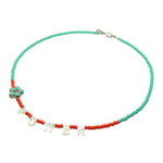 Dana Levy Flower Power Mother of Pearl Charm Glass Rocaille Bead Necklace - Aqua / Coral Red