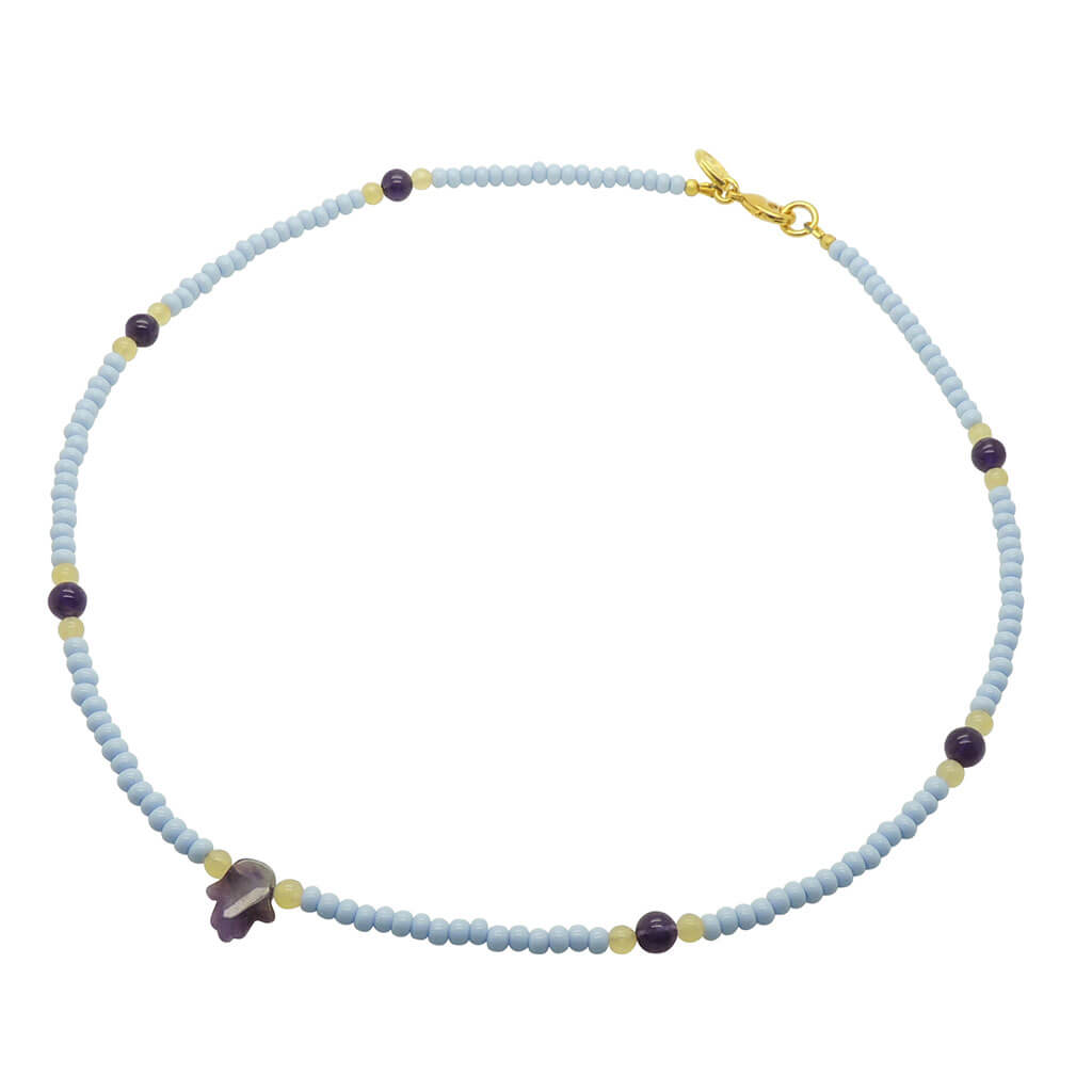 Dana Levy Gemstone Hamsa Hand Amulet Glass Bead Necklace - Amethyst Hamsa Aragonite Amethyst Baby Blue Rocaille Beads