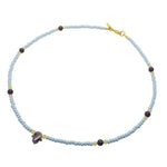 Dana Levy Gemstone Hamsa Hand Amulet Glass Bead Necklace - Amethyst Hamsa Aragonite Amethyst Baby Blue Rocaille Beads