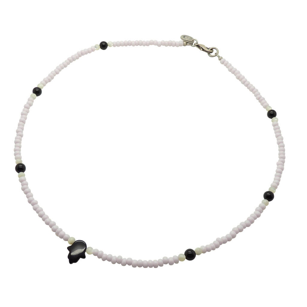 Dana Levy Gemstone Hamsa Hand Amulet Glass Bead Necklace - Black Onyx Hamsa Mother of Pearl Black Onyx Baby Pink Rocaille Beads