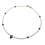 Dana Levy Gemstone Hamsa Hand Amulet Glass Bead Necklace - Black Onyx Hamsa Mother of Pearl Black Onyx Baby Pink Rocaille Beads