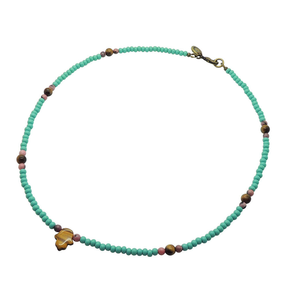 Dana Levy Gemstone Hamsa Hand Amulet Glass Bead Necklace - Tiger Eye Hamsa Rhodonite Tiger Eye Aqua Rocaille Beads