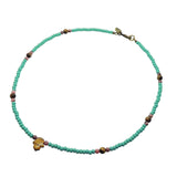 Dana Levy Gemstone Hamsa Hand Amulet Glass Bead Necklace - Tiger Eye Hamsa Rhodonite Tiger Eye Aqua Rocaille Beads