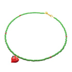 Dana Levy Evil Eye Bubble Heart Charm Glass Bead Necklace - Red Heart Green Beads Red Evil Eyes