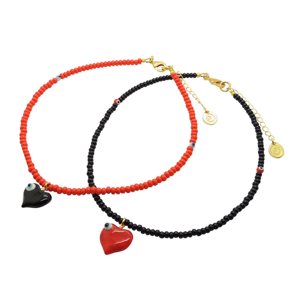 Dana Levy Evil Eye Bubble Heart Charm Glass Bead Choker - Duo Black Heart Coral Beads & Red Heart Black Beads 