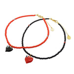 Dana Levy Evil Eye Bubble Heart Charm Glass Bead Choker - Duo Black Heart Coral Beads & Red Heart Black Beads 
