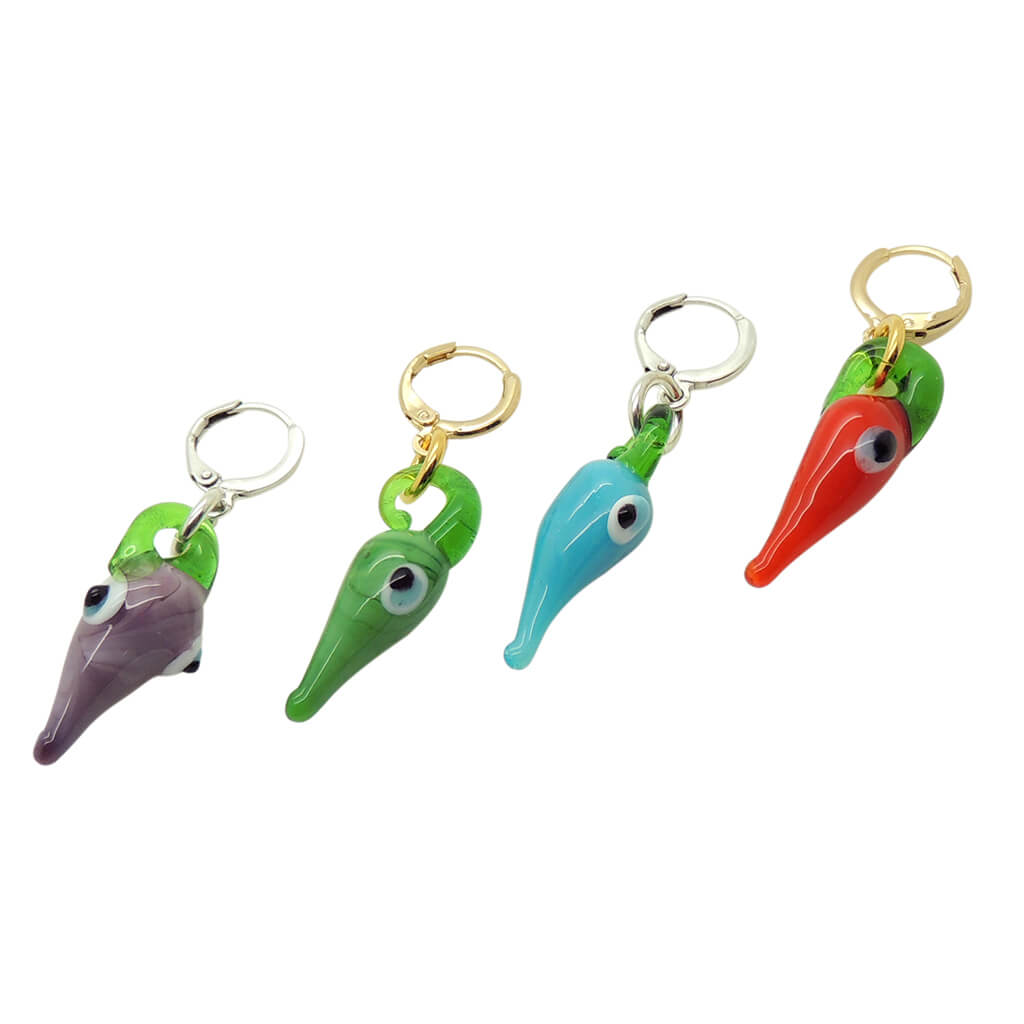 Dana Levy Glass Evil Eye Chilli Charm Huggie Earring - Purple Green Turquoise Red
