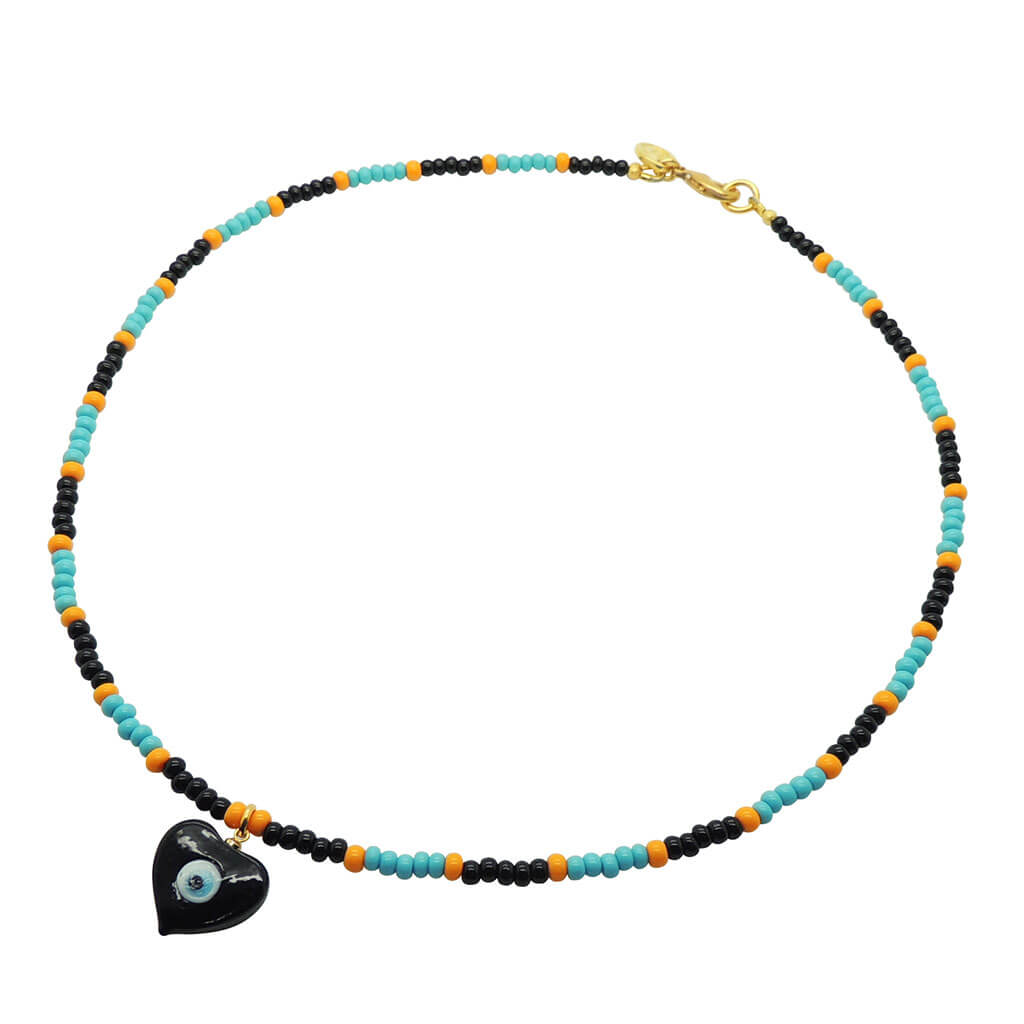 Dana Levy Evil Eye Heart Charm Glass Bead Trio Necklace - Black Heart Aqua Black Orange Beads