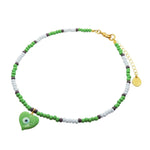 Dana Levy Evil Eye Heart Charm Glass Bead Trio Choker - Green Heart  Lilac Apple Green Plum Beads