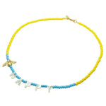 Dana Levy Bee Happy Mother of Pearl Charm Glass Rocaille Bead Necklace - Gold Charm Yellow Turquoise Glass Beads