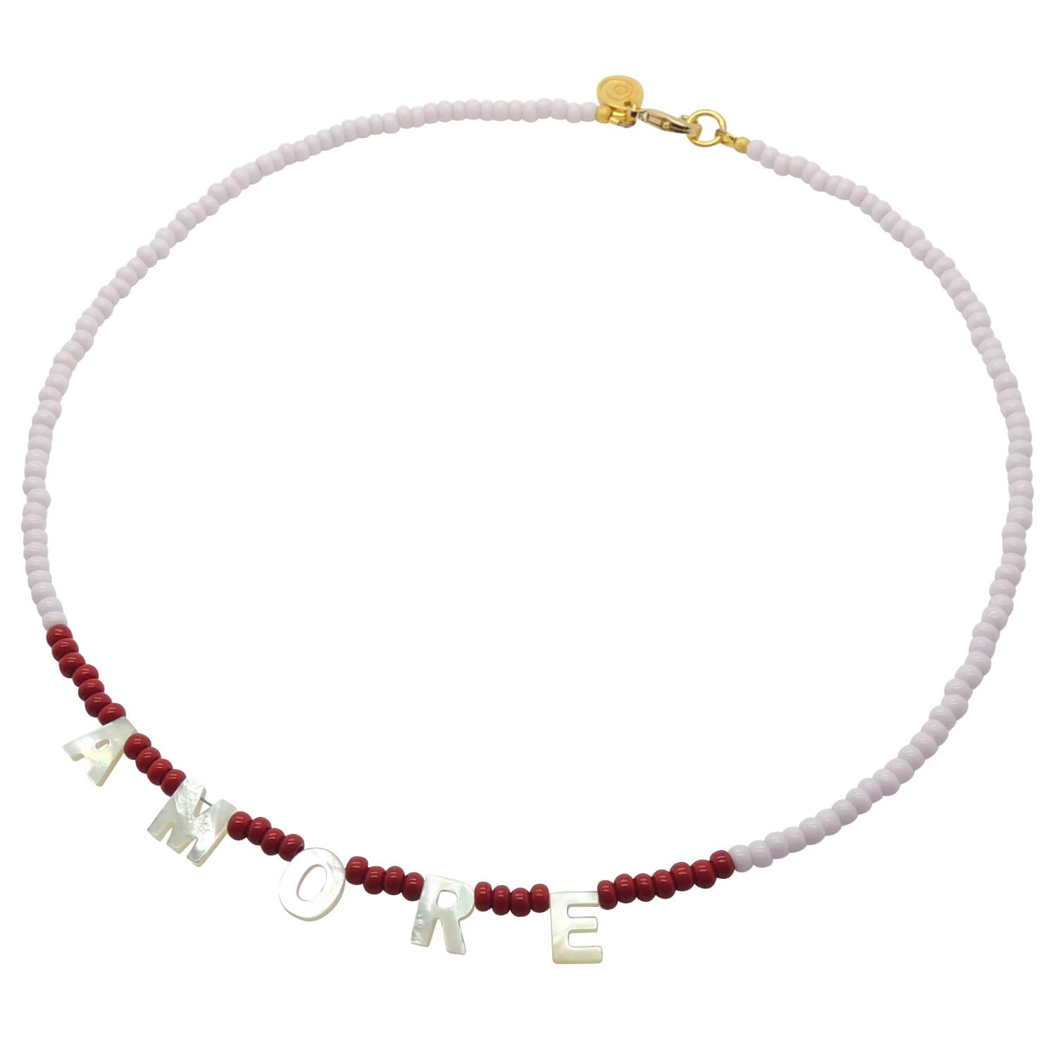 Dana Levy Mother of Pearl Shell Personalised Name Two Tone Glass Rocaille Bead Necklace - Amore  Red Baby Pink Rocaille