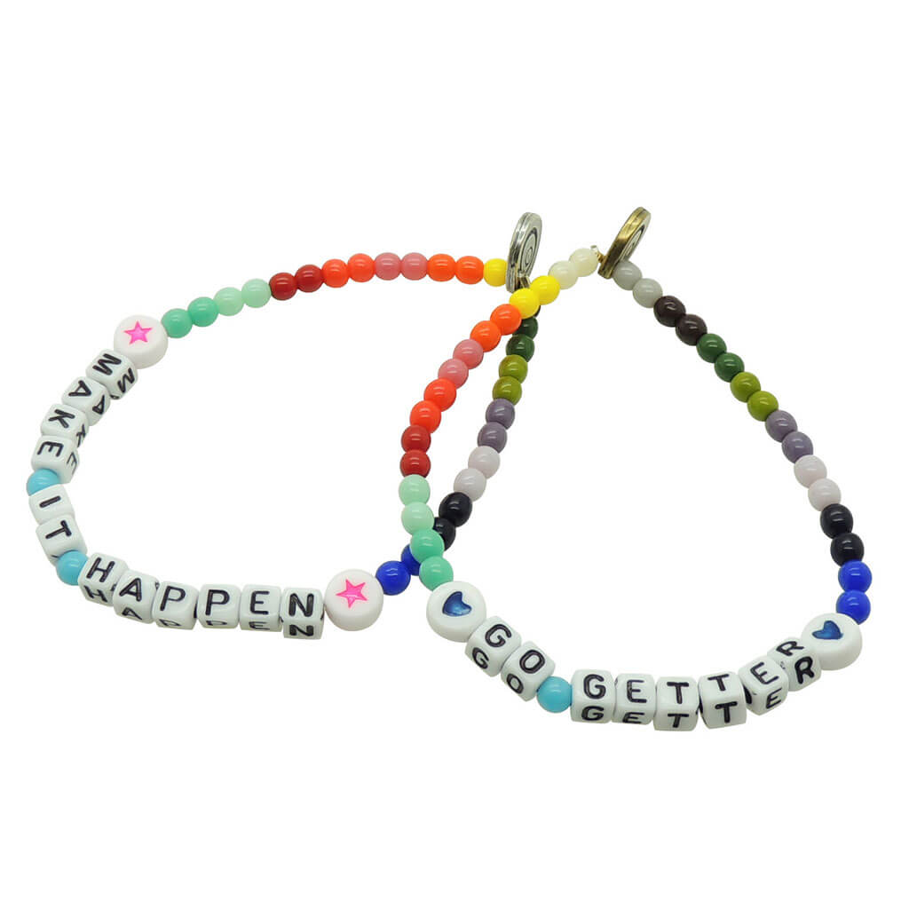 Dana Levy Mini Personalised Name Alphabet Cube Rainbow Glass Bead Bracelet - Make It Happen / Go Getter - White Black Letters
