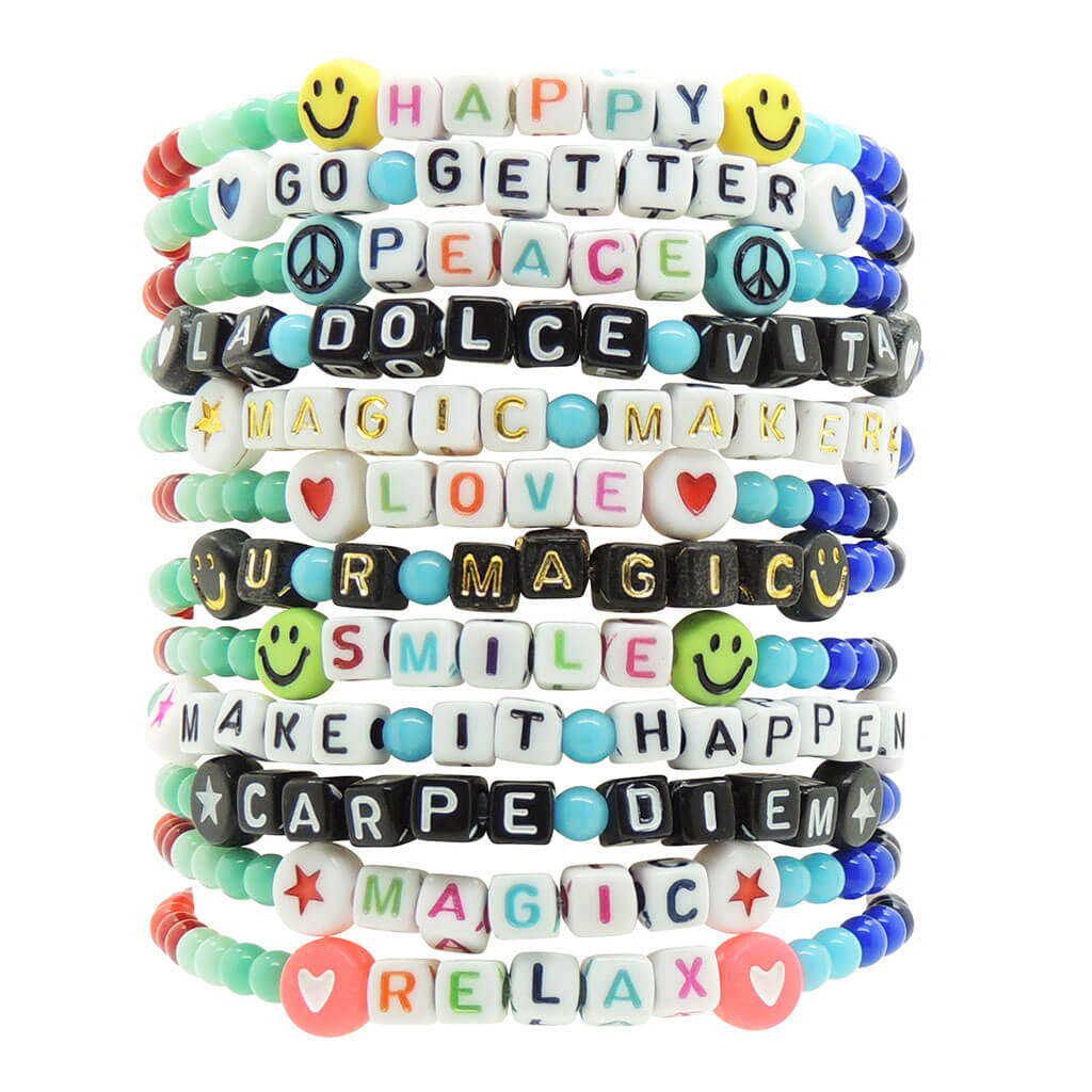 Dana Levy Mini Personalised Name Alphabet Cube Rainbow Glass Bead Bracelet - Group Mix Stack