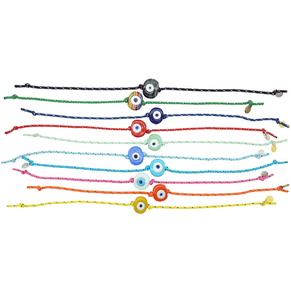 Dana Levy Multicolour Glass Evil Eye Amulet Nautical Cord Bracelet - Group Rainbow Flatlay