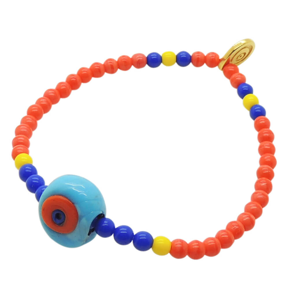 Dana Levy Multicolour Glass Evil Eye Nugget Glass Bead Mix Bracelet - Opaque Turquoise Orange Eye Royal Blue Yellow Coral