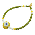 Dana Levy Multicolour Glass Evil Eye Nugget Glass Bead Mix Bracelet - Opaque Mustard Yellow Eye White Yellow Olive