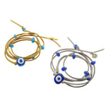 Dana Levy Multicolour Glass Evil Eye Nugget Leatherette Cord Wrap Bracelet - Transparent Turquoise / Gold Cord and  Transparent Royal Blue / Silver Cord 