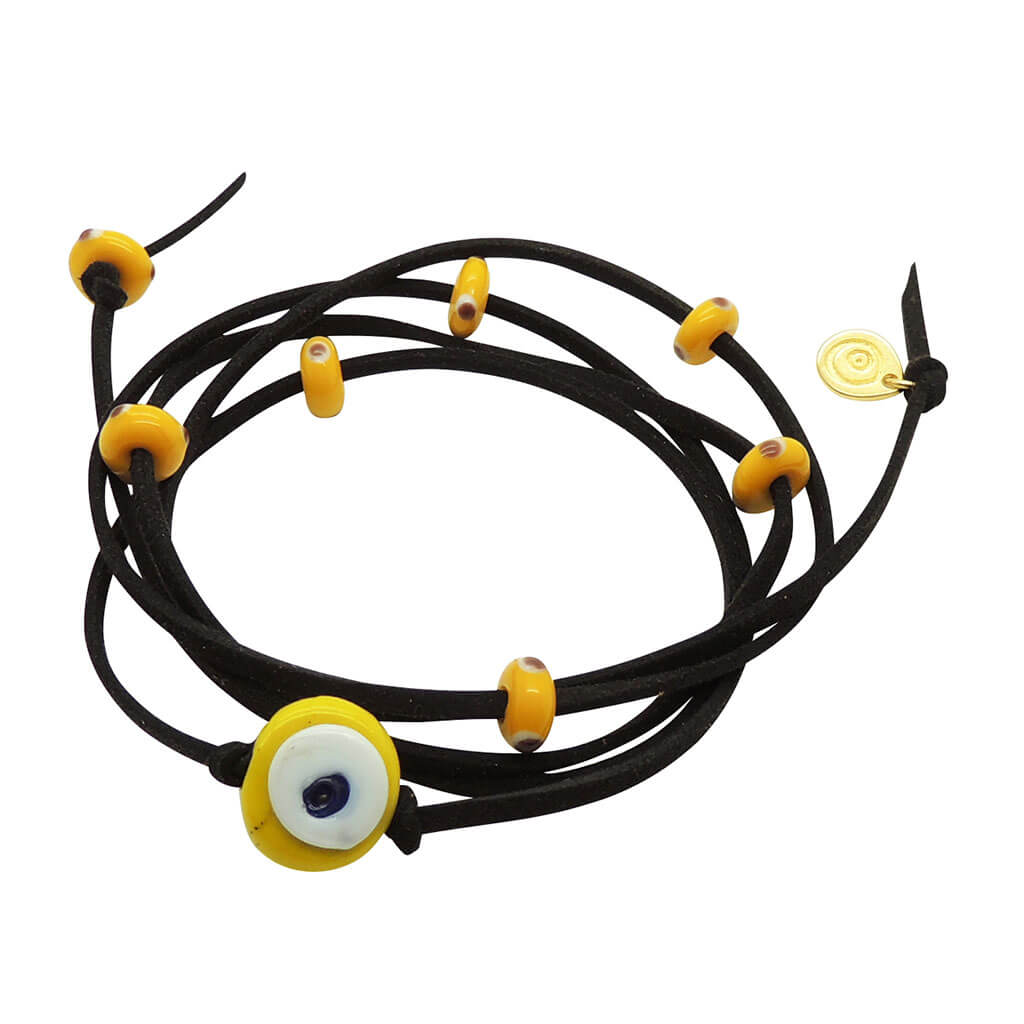 Dana Levy Multicolour Glass Evil Eye Nugget Suedette Cord Wrap Bracelet - Yellow Evil Eye Black Cord