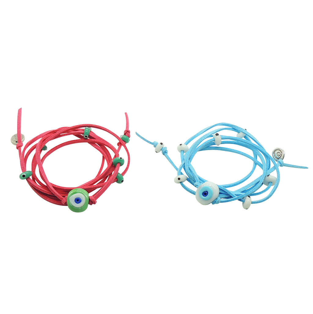 Dana Levy Multicolour Glass Evil Eye Nugget Suedette Cord Wrap Bracelet - Mint Evil Eye Pink Cord & White Evil Eye Turquoise Cord