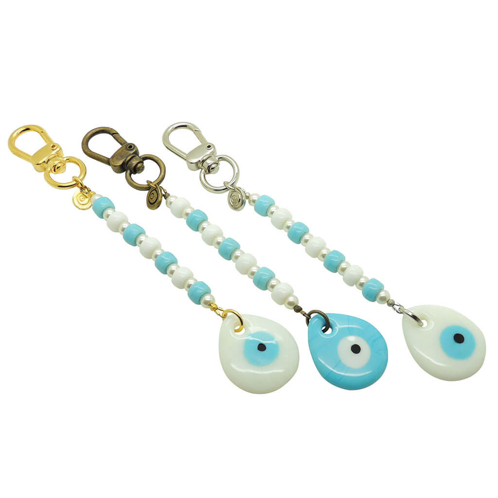 Dana Levy Glass Evil Eye Teardrop Amulet Mykonos Pearl Bag Charm - Trio Gold Antique Gold Silver Plating