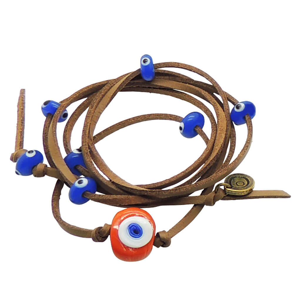 Dana Levy Multicolour Glass Evil Eye Nugget Leatherette Cord Wrap Bracelet - Orange White Evil Eye Nugget Royal Blue Evil Eye Rondelles Sienna Brown Cord